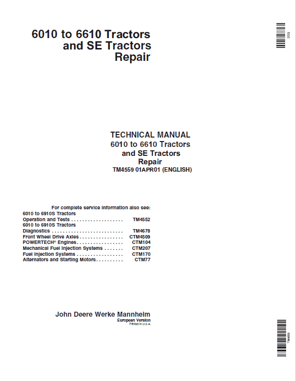 John Deere 6010, 6110, 6210, 6310 & 6610 Tractor Technical Manual